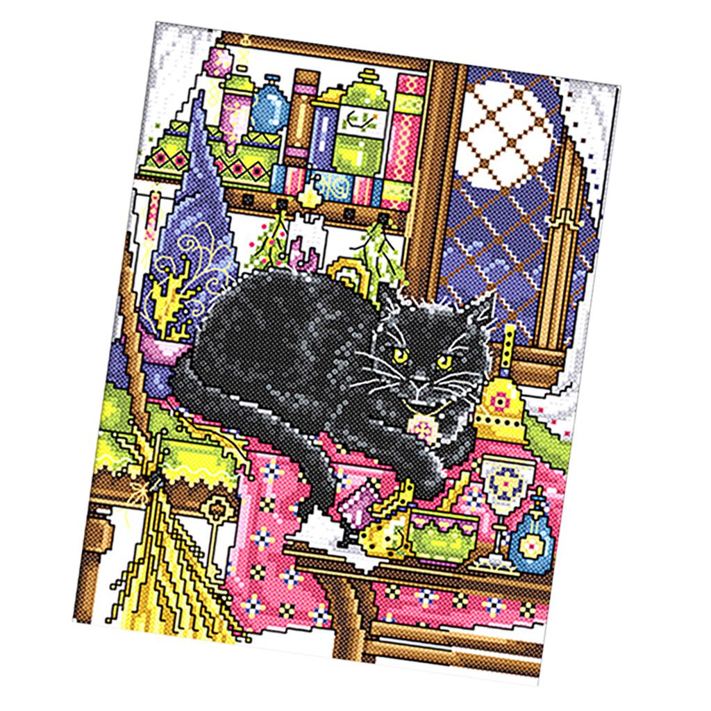 Stamped Cross Stitch Kit Printed Black Cat Pattern Embroidery 11CT 28 x 38cm