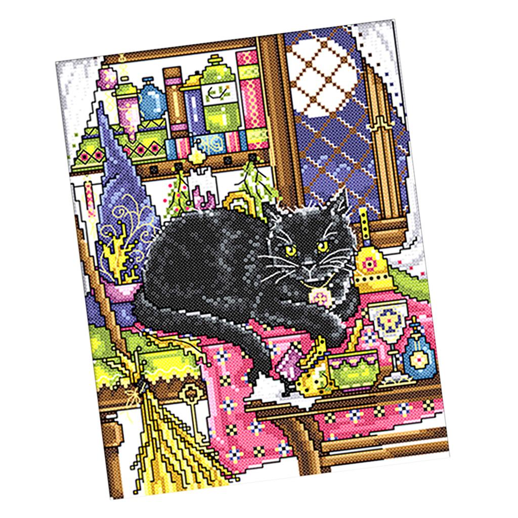 Stamped Cross Stitch Kit Printed Black Cat Pattern Embroidery 11CT 28 x 38cm