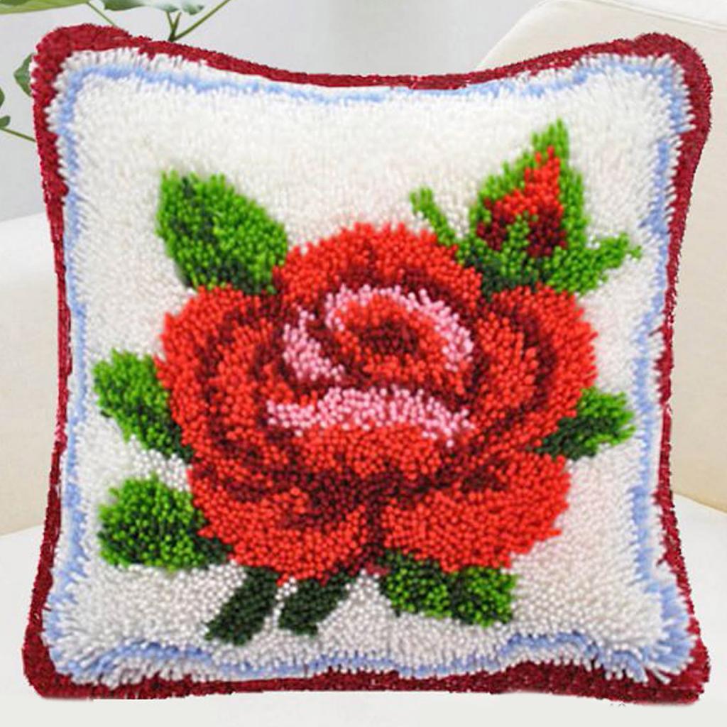 Red Rose Flower Latch Hook Kit for DIY Pillow Cover Sofa Cushion Cover
