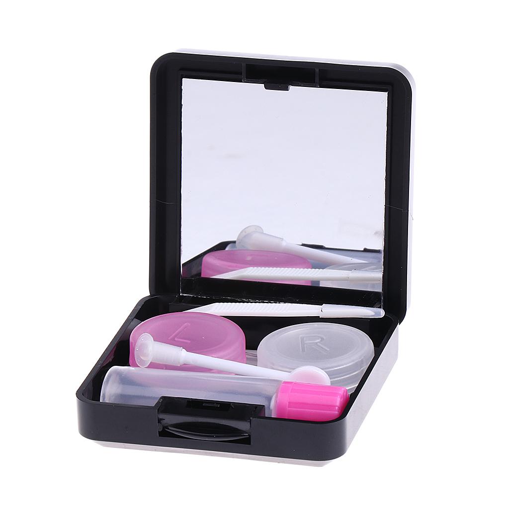 Mini Travel Contact Lenses Case Soaking Storage Box Kit with Mirror Black