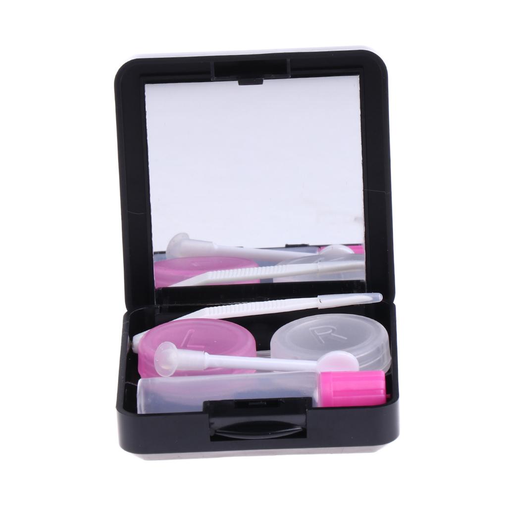 Mini Travel Contact Lenses Case Soaking Storage Box Kit with Mirror Black