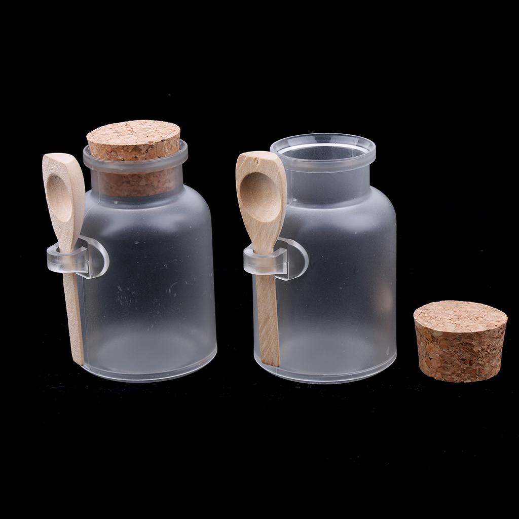 2 Pieces ABS Bath Salt Bottles Empty Clear Corked Jar with Wood Spoon 100g