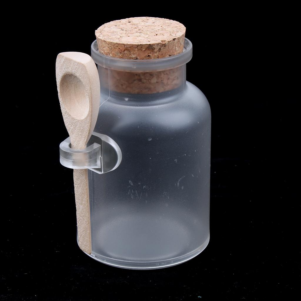 2 Pieces ABS Bath Salt Bottles Empty Clear Corked Jar with Wood Spoon 100g