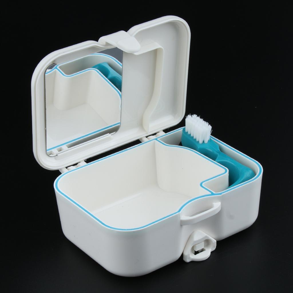 Portable Denture Case with Built In Mirror Brush Teeth Storage Container Box