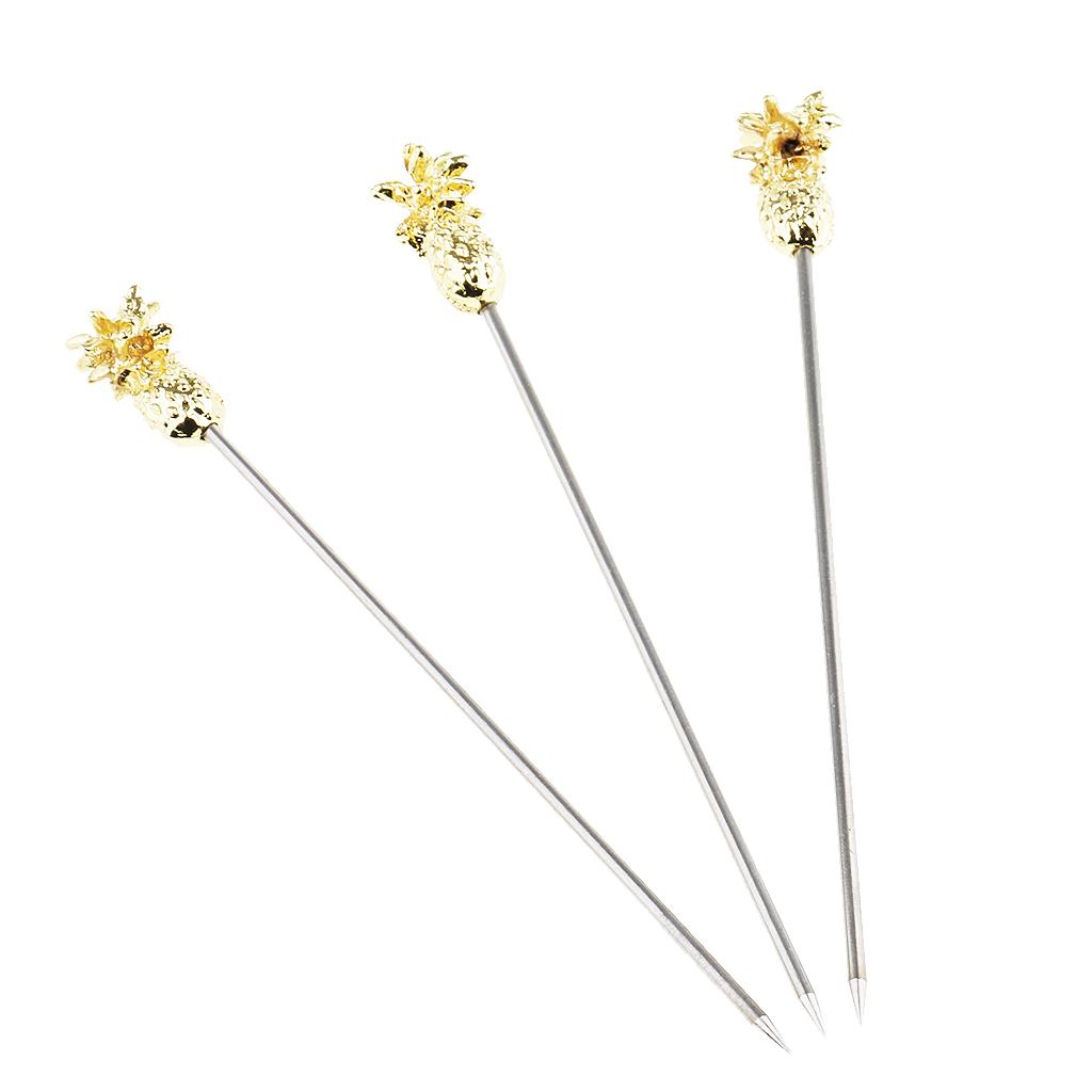 3X Stainless Steel Cocktail Picks Martini Fruit Stick for Party Gold