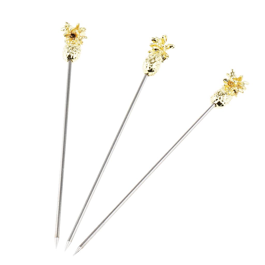 3X Stainless Steel Cocktail Picks Martini Fruit Stick for Party Gold