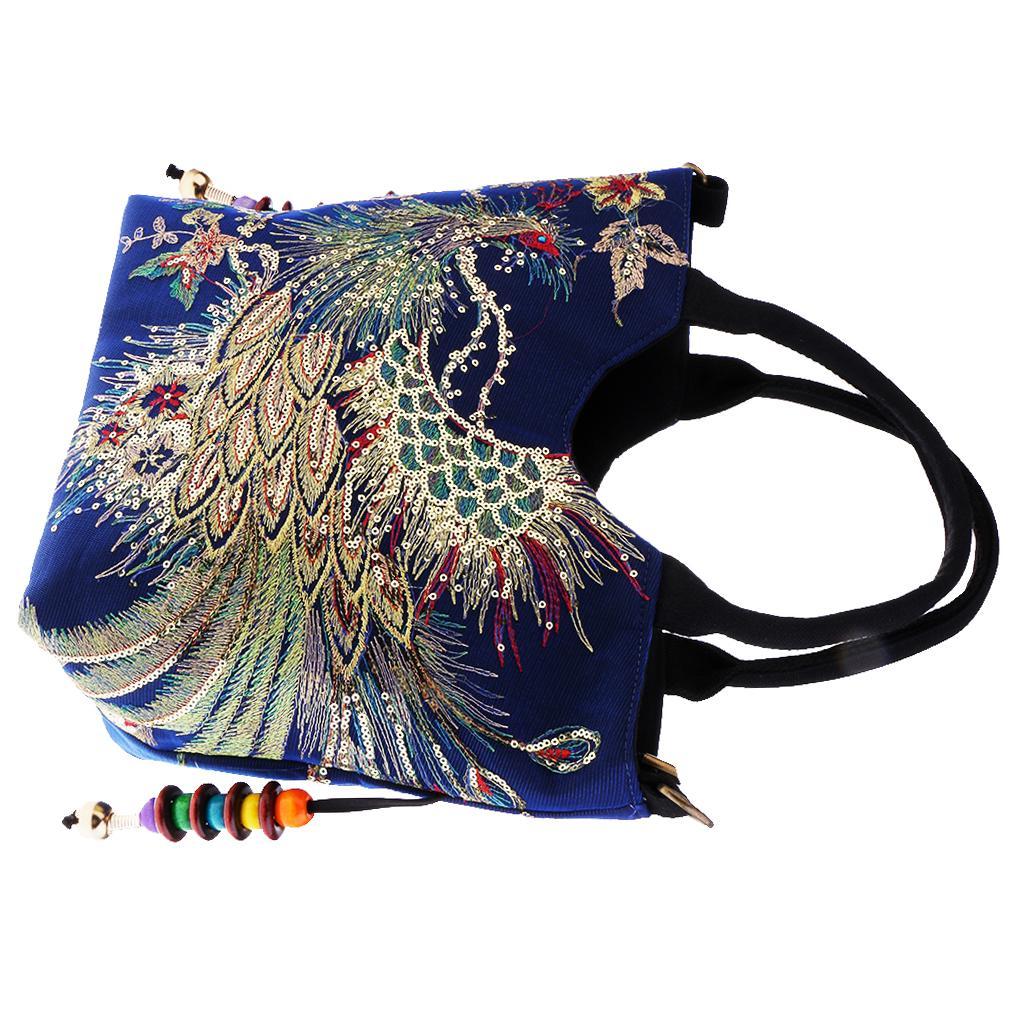 Handmade Peacock Embroidery Ethnic Travel Shoulder Bag Women Bags -Dark Blue