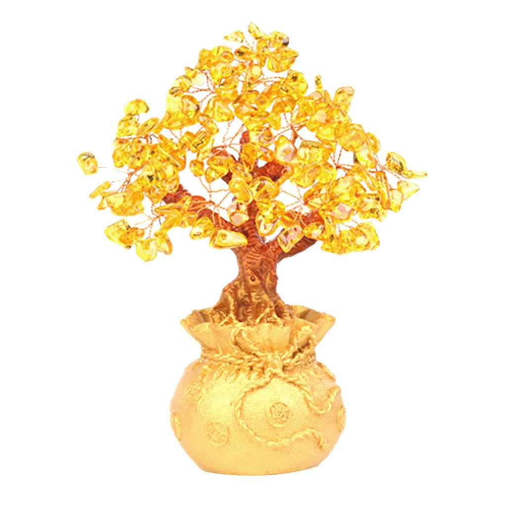 Mini Crystal Money Tree Bonsai Style Feng Shui Bring Wealth Luck Yellow