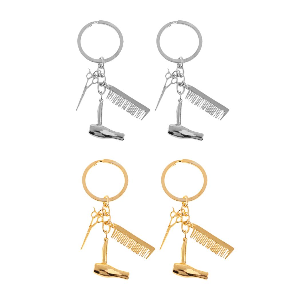 2Pcs Hair Dryer Scissor Comb Dangle Pendant Keychain Creative Keyring Golden