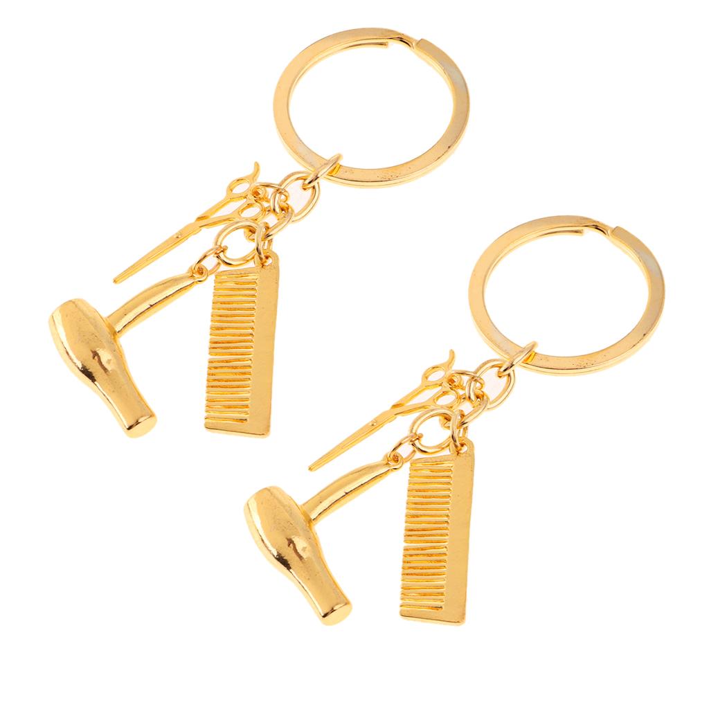 2Pcs Hair Dryer Scissor Comb Dangle Pendant Keychain Creative Keyring Golden