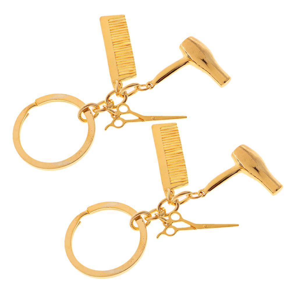 2Pcs Hair Dryer Scissor Comb Dangle Pendant Keychain Creative Keyring Golden