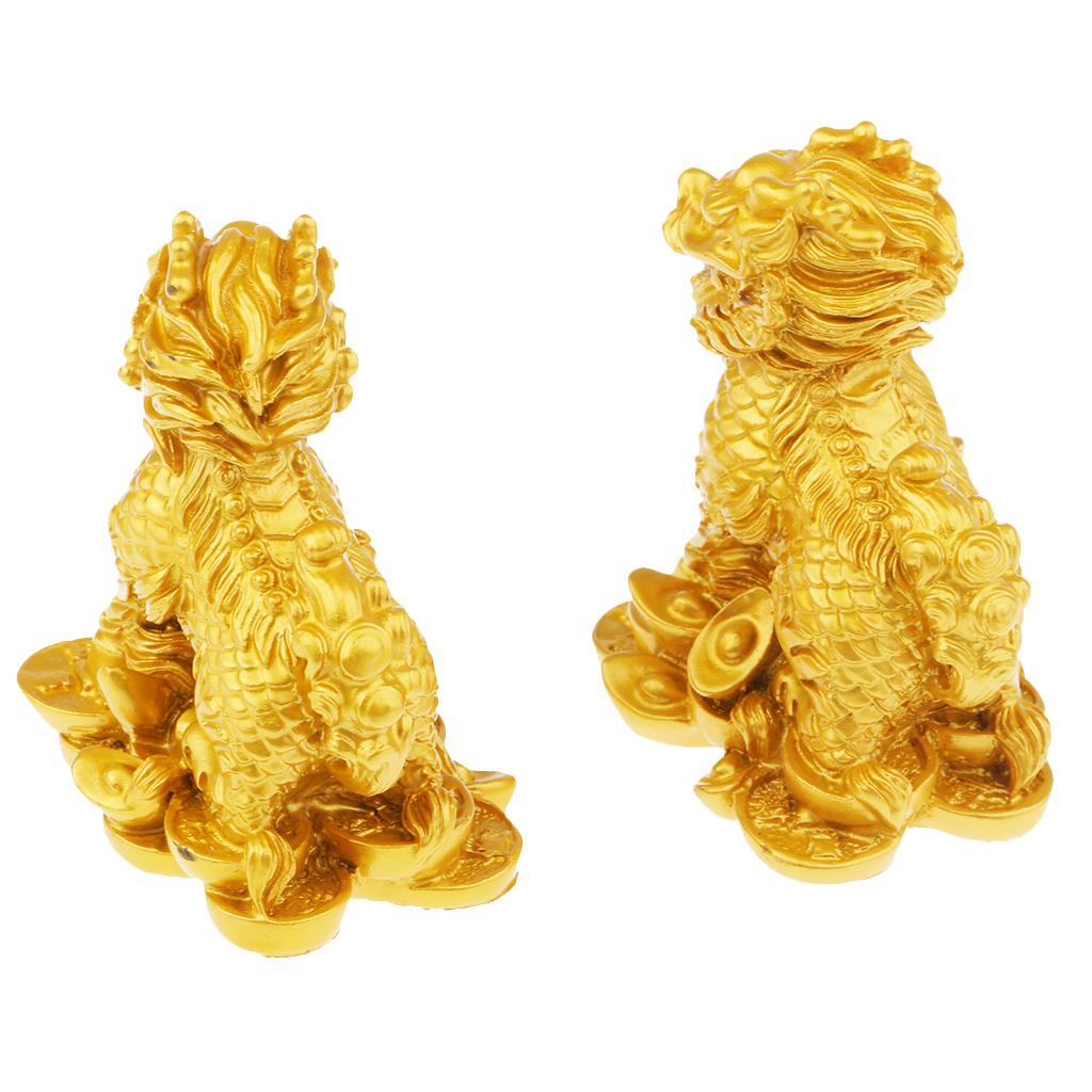 Chinese Lions Figurine Statue Resin Ornaments Home Decor Crafts Gold M