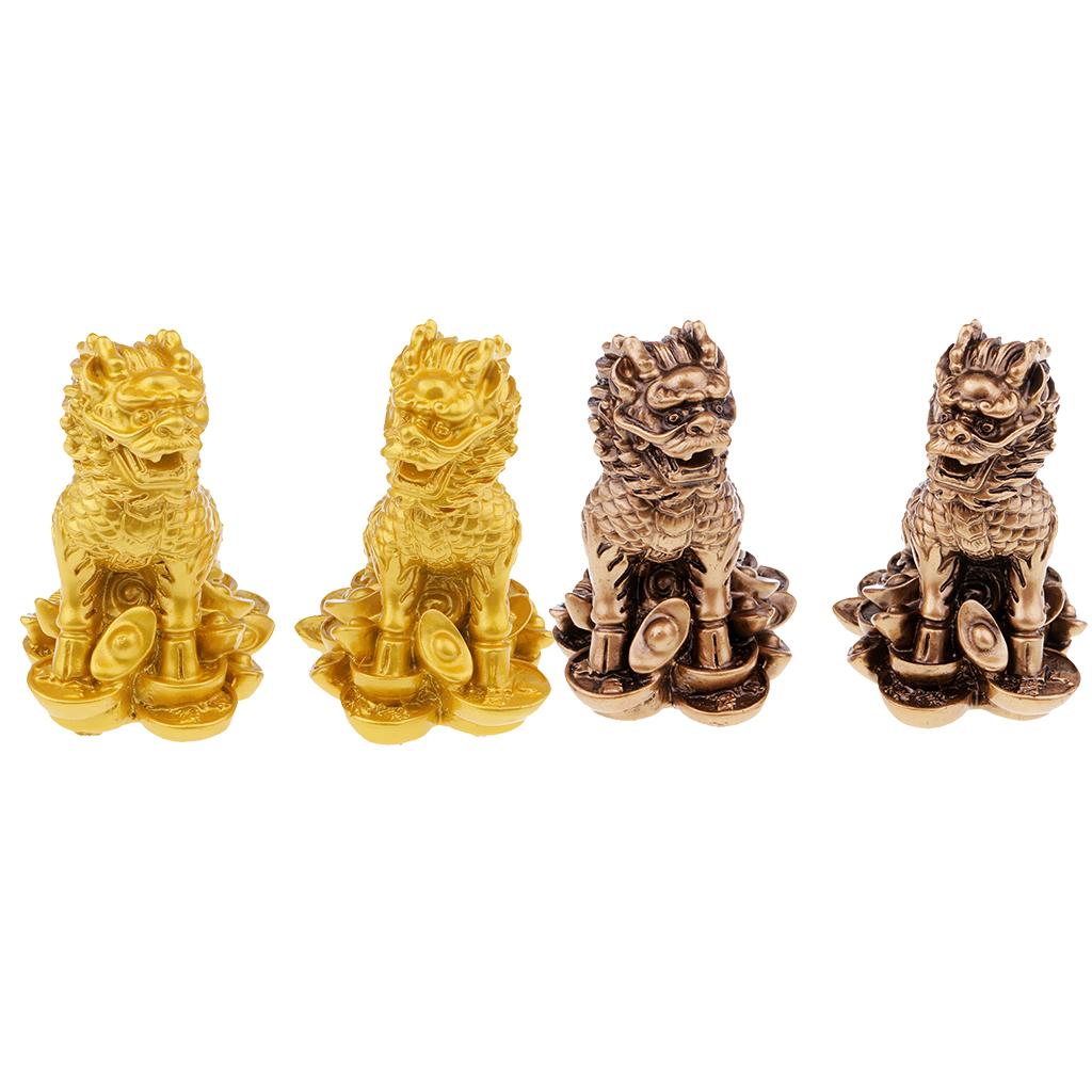 Chinese Lions Figurine Statue Resin Ornaments Home Decor Crafts Gold M