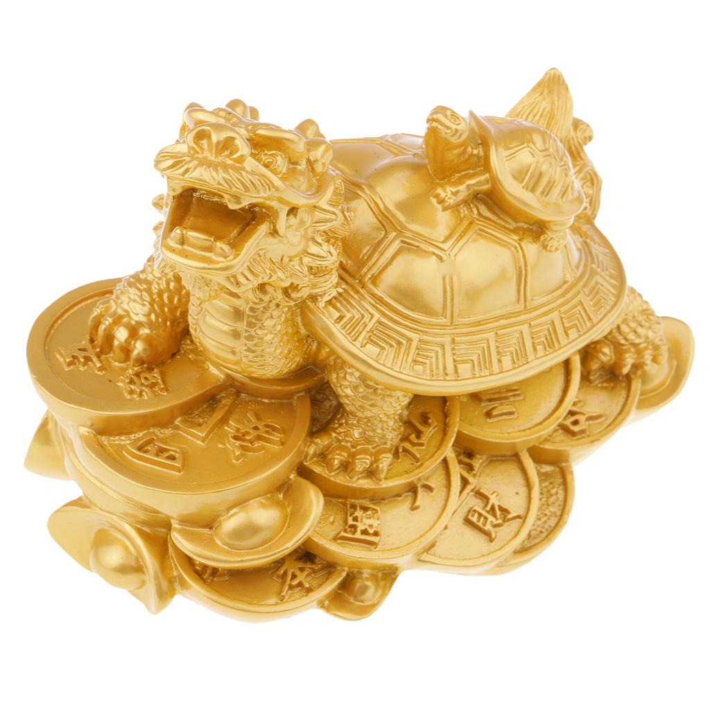 Chinese Dragon Turtle Figurine Statue Resin Ornaments Home Decor Craft Gold