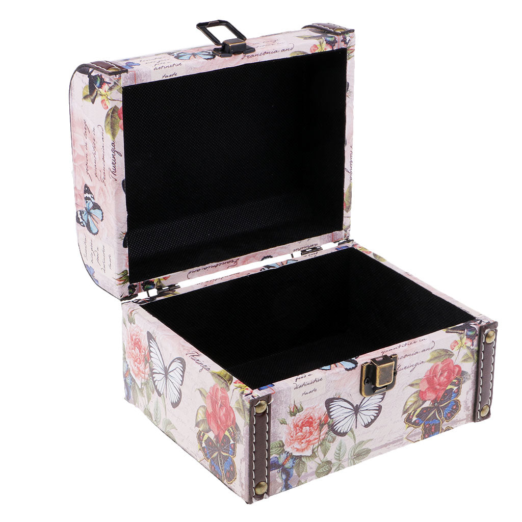 Antique DO OLD Design Vintage Wooden Jewelry Storage Case Butterfly and Rose
