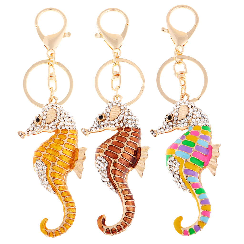 Lucky Hippocampus Crystal Novelty Keychain HandBag Pendant Car Keyring Gold