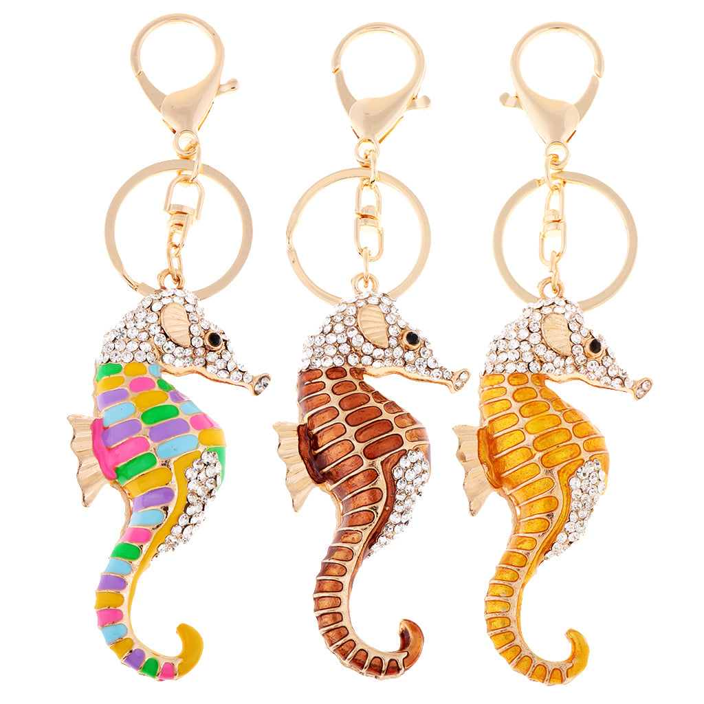 Lucky Hippocampus Crystal Novelty Keychain HandBag Pendant Car Keyring Gold