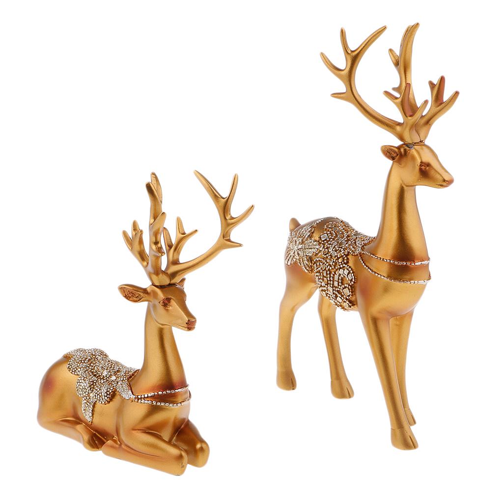 Creative Home Decoration Resin Couples Elk Deer Miniatures Figurine Model Gold