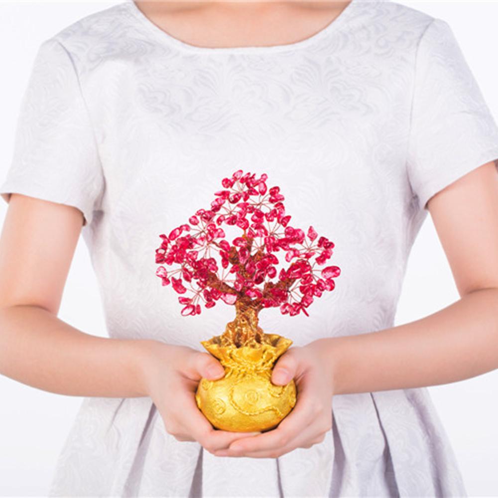 Mini Feng Shui Bring Wealth Luck Tree Crystal Money Tree Purse Red
