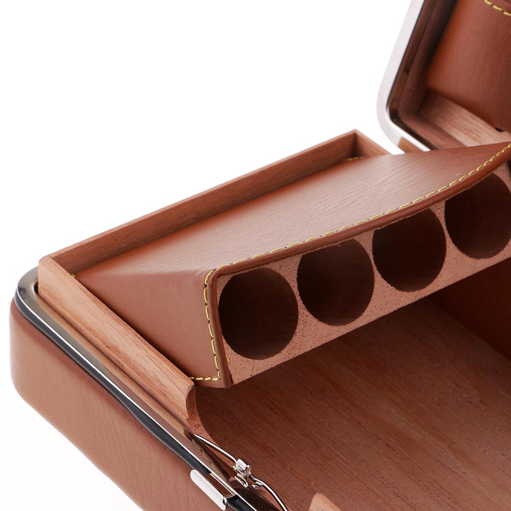 Portable Cedar Cigar Humidor Case Leather Wood Lined Holder 4 Count Brown-2