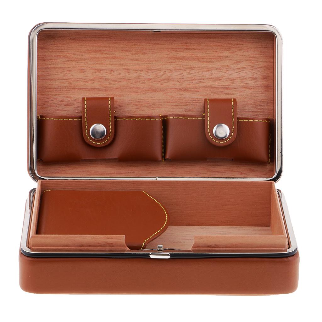 Portable Cedar Cigar Humidor Case Leather Wood Lined Holder 4 Count Brown-2