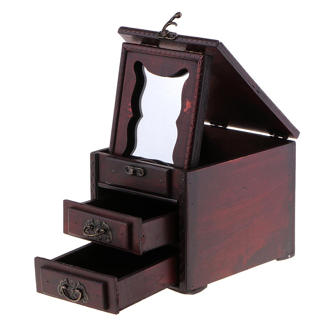 Vintage Wooden Jewelry Storage Box with Drawer Make-up Case Organizer