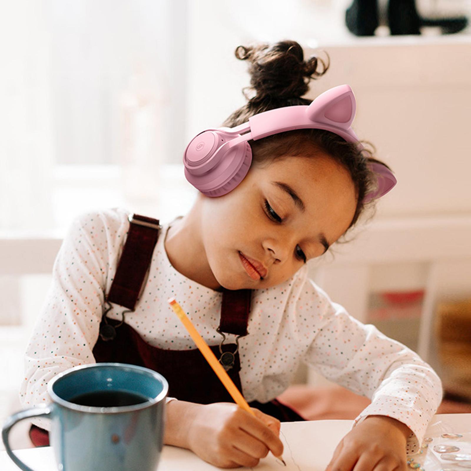 Cat Ear Kids Wired Headphone Earmuffs Adjustable Headband for Children Adult pink