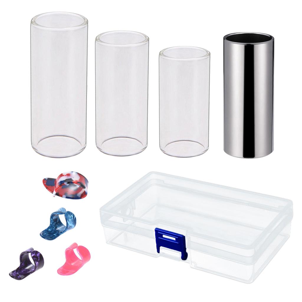 3Pcs Glass Slide +1 Pc Stainless Steel Slide + 4 Pcs Guitar Finger Picks Box