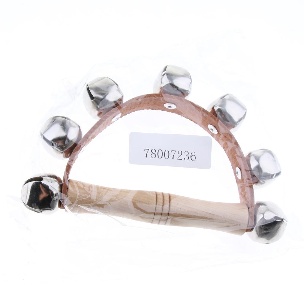 Wooden Handle Bell Shaker Sleigh Bells with Strap Shaking Percussion 10.8cm