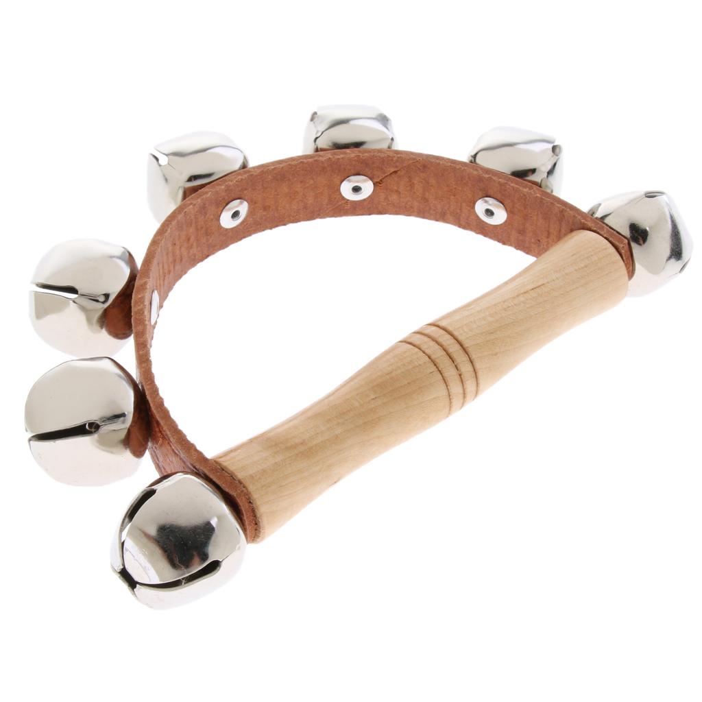 Wooden Handle Bell Shaker Sleigh Bells with Strap Shaking Percussion 10.8cm
