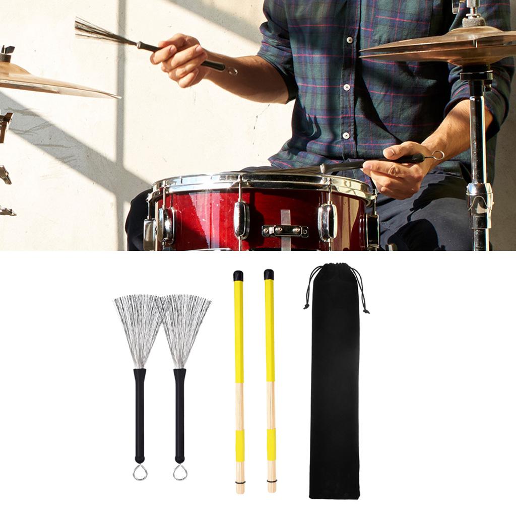 1 Pair Drum Sticks Drum Brushes Set with Storage Bag Yellow