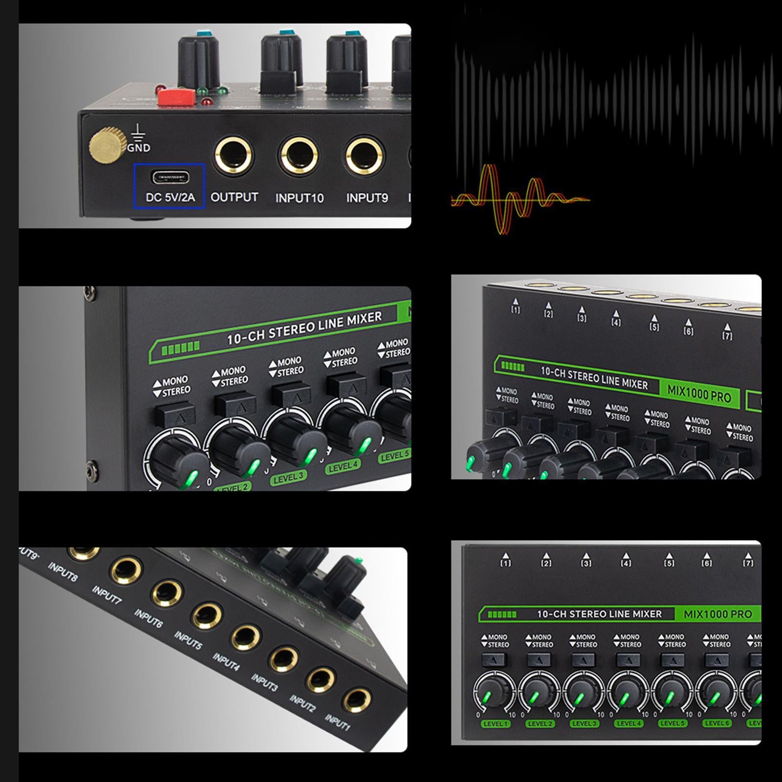 Audio Mixer 10 Input Dynamic Stereo Line Mixer for Computer Keyboard Podcast