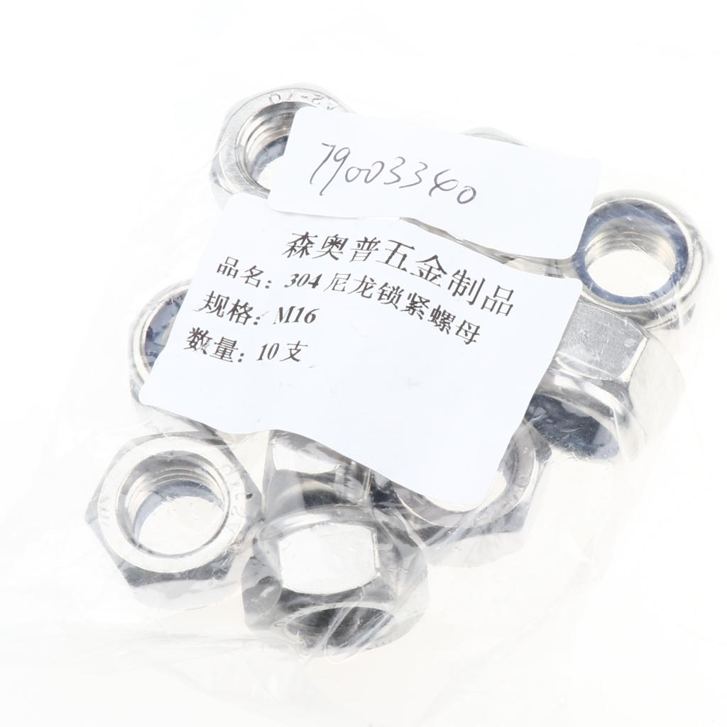 M16 Lock Nut 50 Pieces Stainless Steel Finish Hex With Nylon Insert