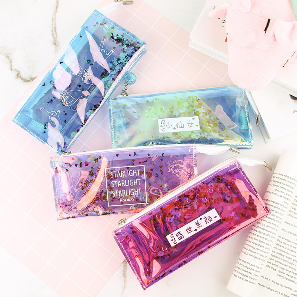 Shiny Transparent Pencil Bag Pen Holder Stationery Storage Organizer #2