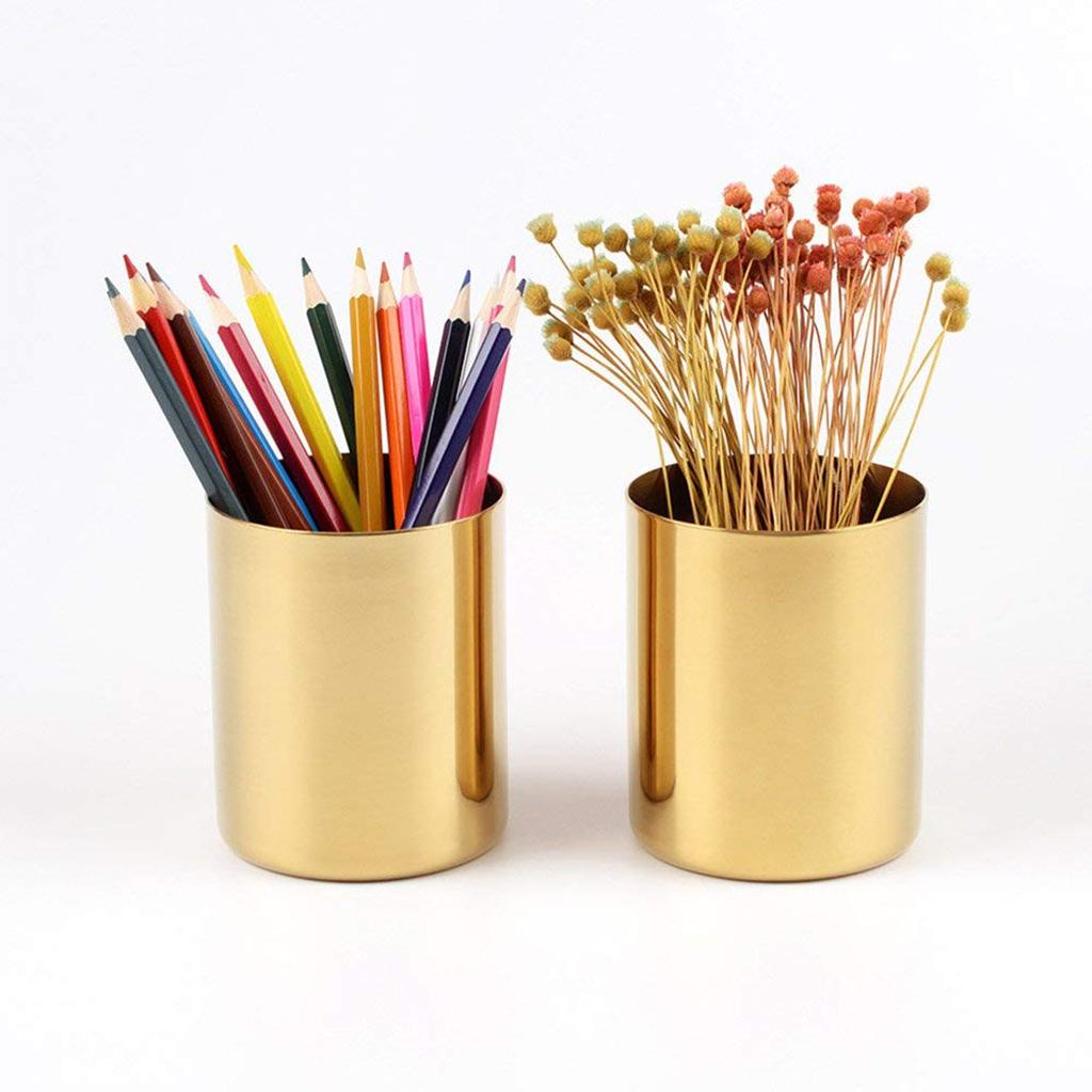 Modern Gold Round Pencil Holder Pen Pot Desktop Organizer Accents Vase simple metal plated