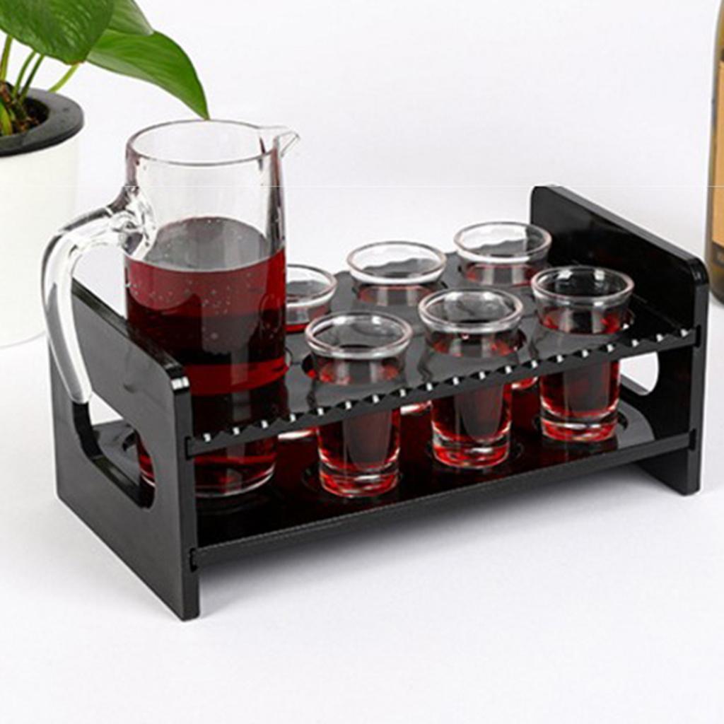 7-Hole Black Acrylic Shot Glass Holder Rack Barware Whisky Cup Serving Tray