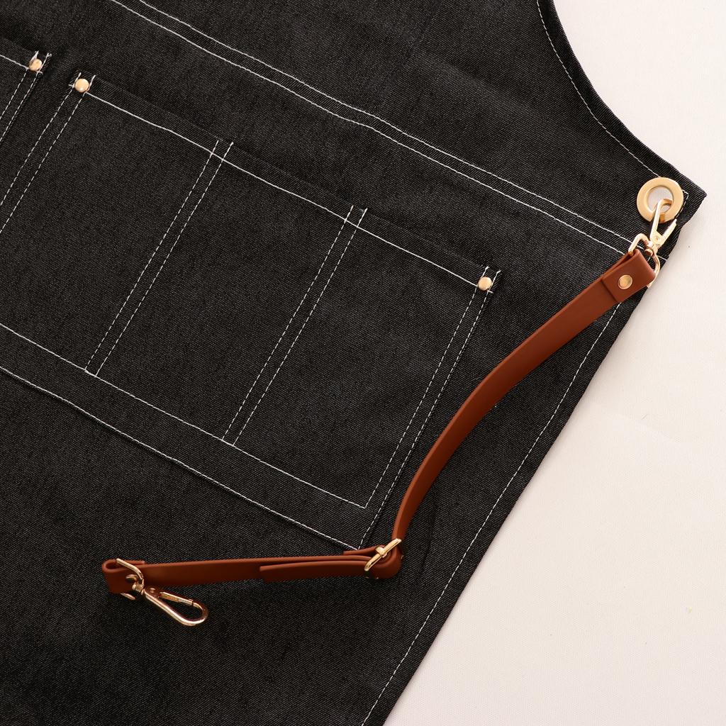 Adjustable Cross Back Stripes Denim Work Apron with Multi Pockets G Black