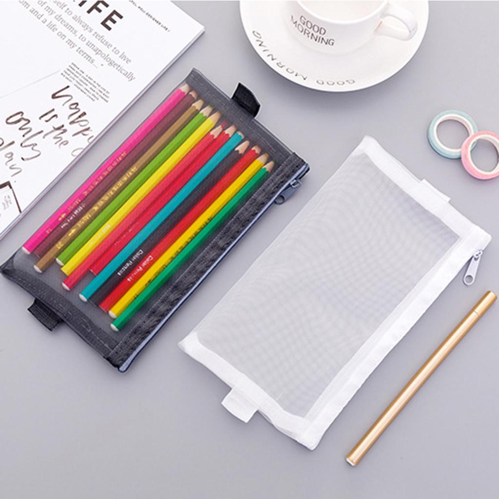Perspective Mesh Pencil Case Pen Makeup Bag Pouch Zipper Design Black