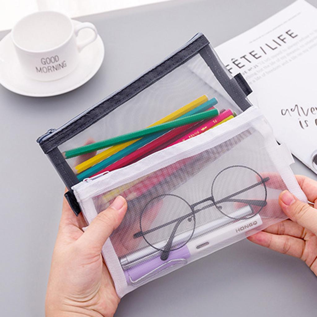 Perspective Mesh Pencil Case Pen Makeup Bag Pouch Zipper Design Black