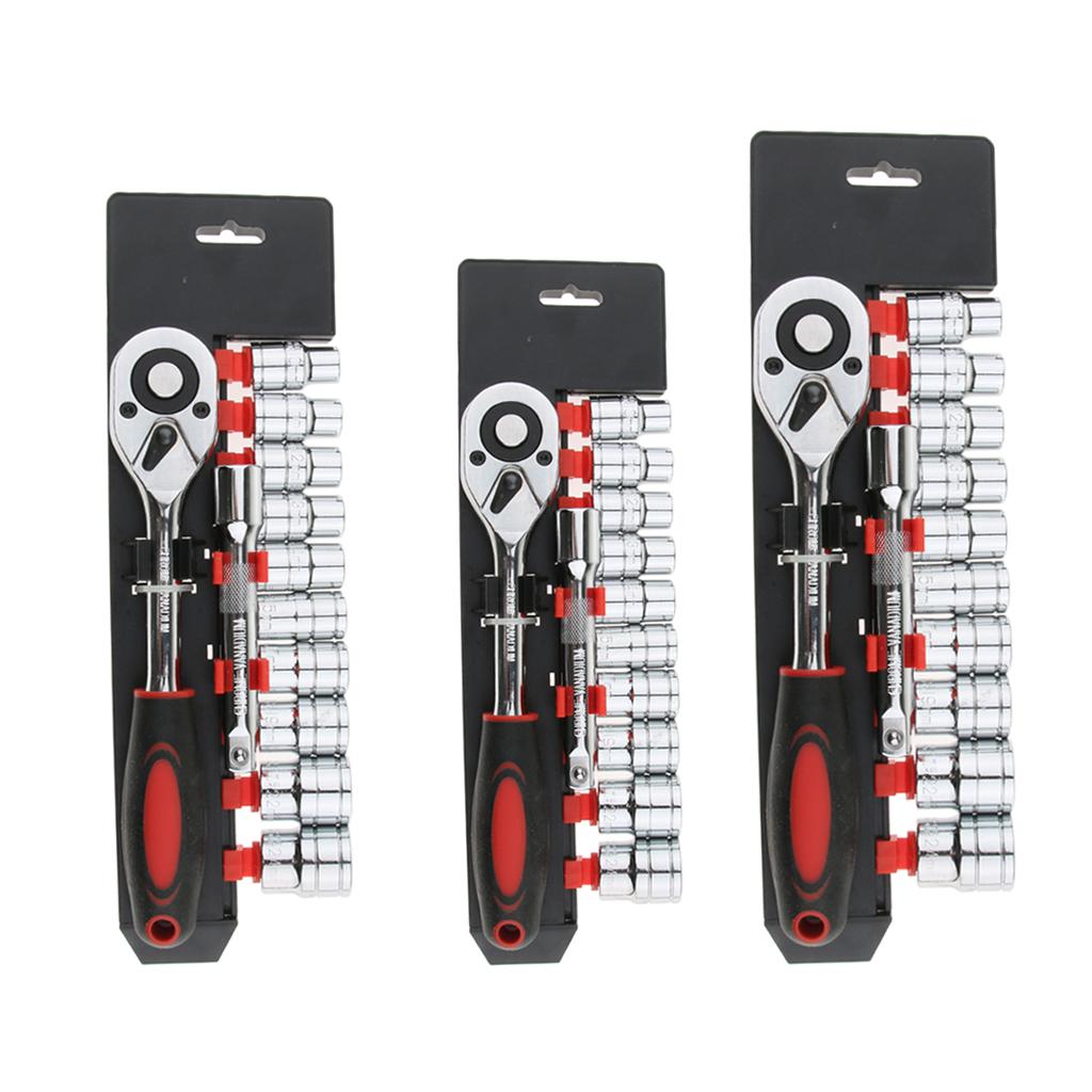 12Pcs 1/4 inch Ratchet Wrench Kit Auto Repair Tools 10Pcs Metric Socket and 1 Extension Rod Manual Hardware