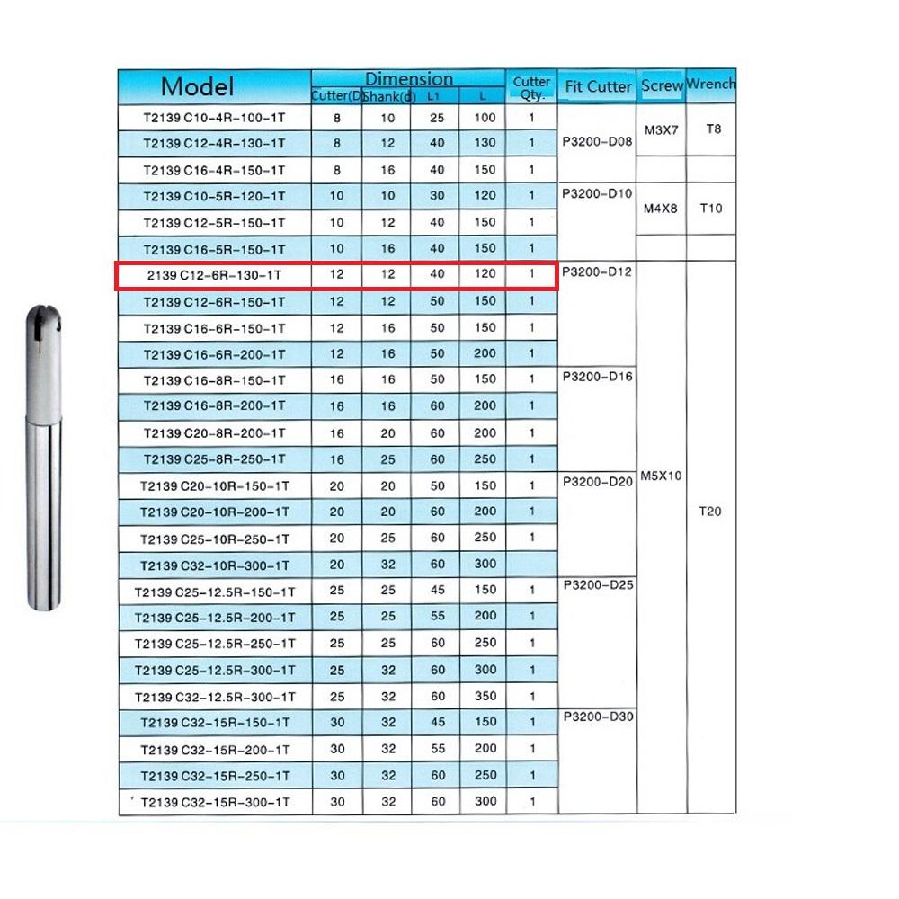 T2132 CNC Ball Nose End Milling Cutter Shank Holder T2139 -C12-6R-130-1T