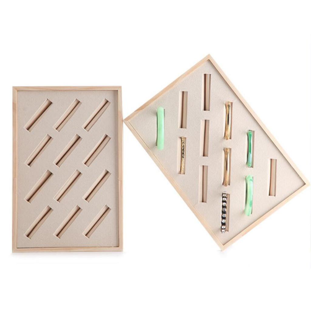 Bamboo Wood Jewelry Display Stand Slots for Bracelet Ring Organizer Beige