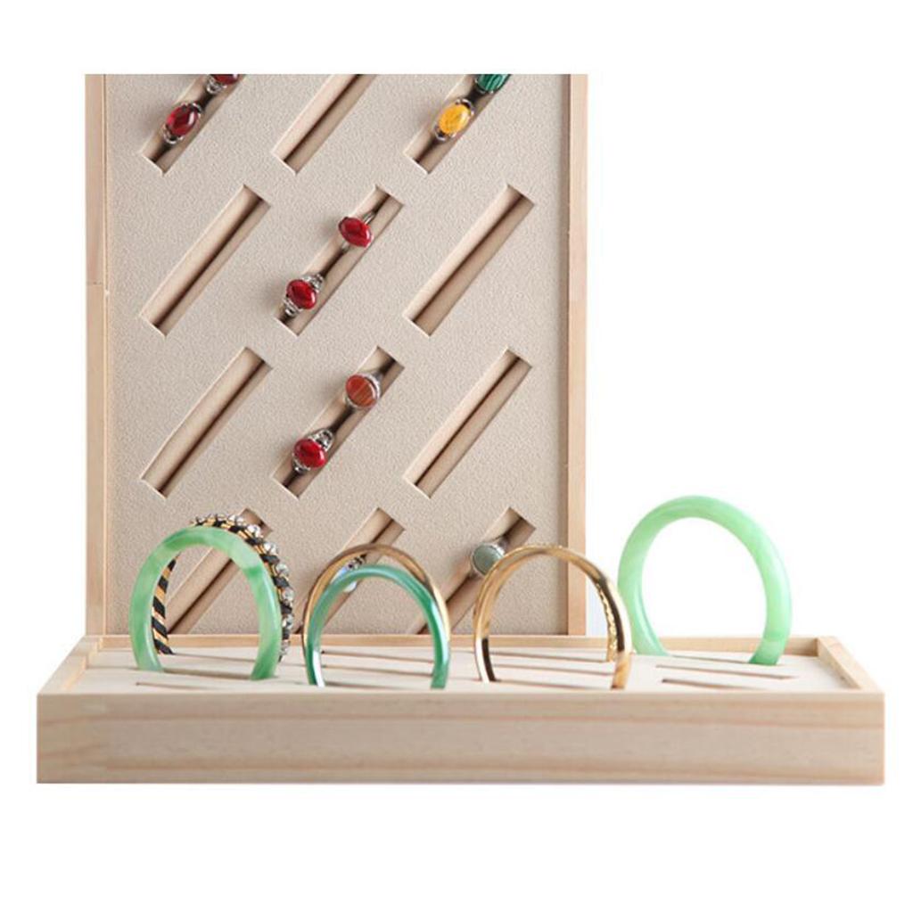 Bamboo Wood Jewelry Display Stand Slots for Bracelet Ring Organizer Beige