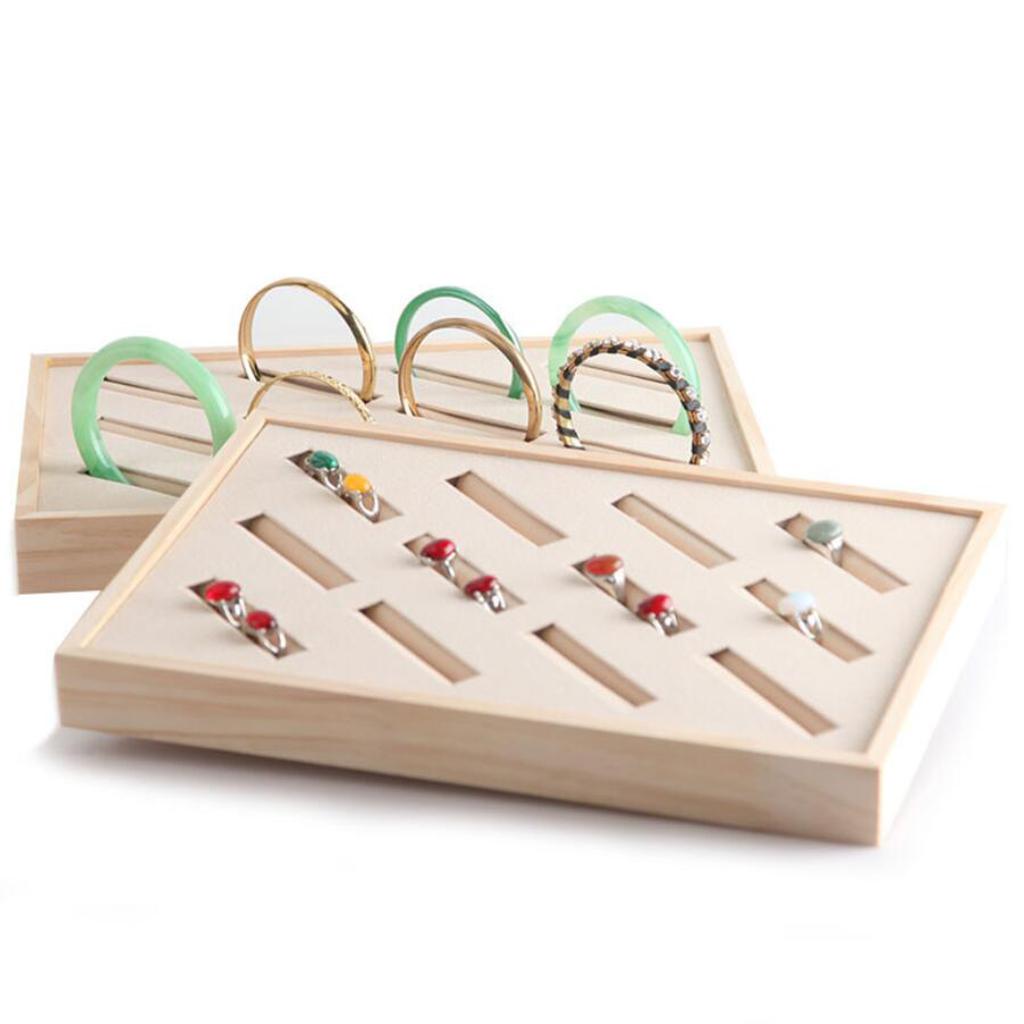 Bamboo Wood Jewelry Display Stand Slots for Bracelet Ring Organizer Beige