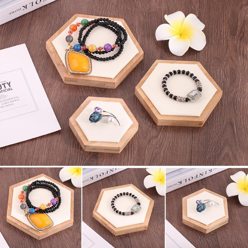3pcs Wooden Jewelry Showcase Earrings Necklace Display Holder White Leather