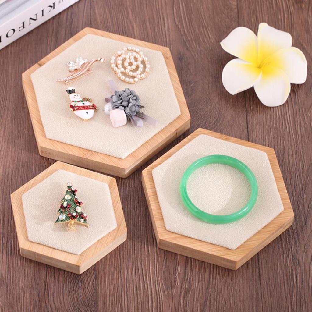3pcs Wooden Jewelry Showcase Earrings Necklace Display Holder beige velvet