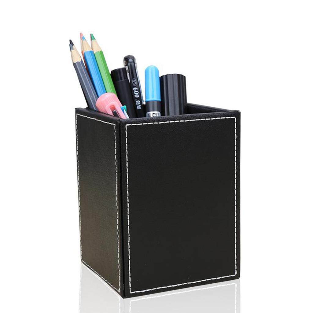 Office PU Leather Pen Pencils Holder Desk Stationery Organizer Box Black