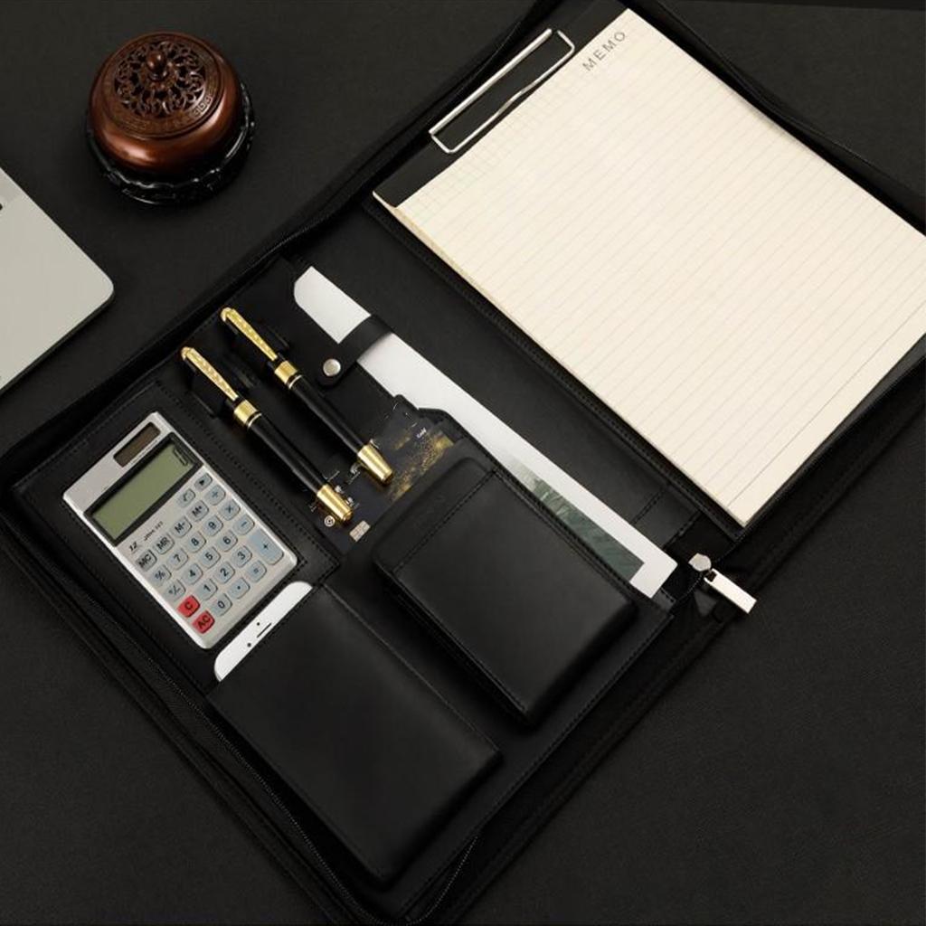 Zippered PU Leather Portfolio Organizer Business Document Folder Bag Black B