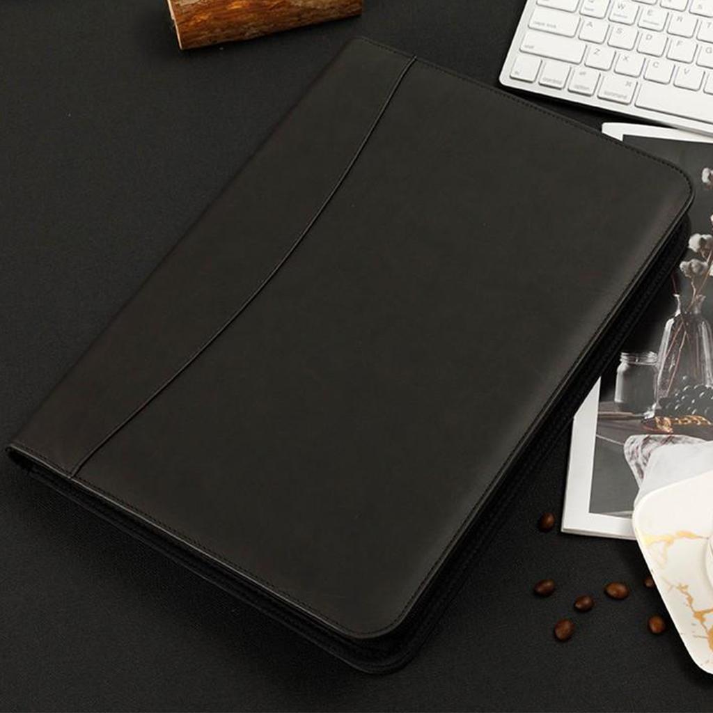 Zippered PU Leather Portfolio Organizer Business Document Folder Bag Black B