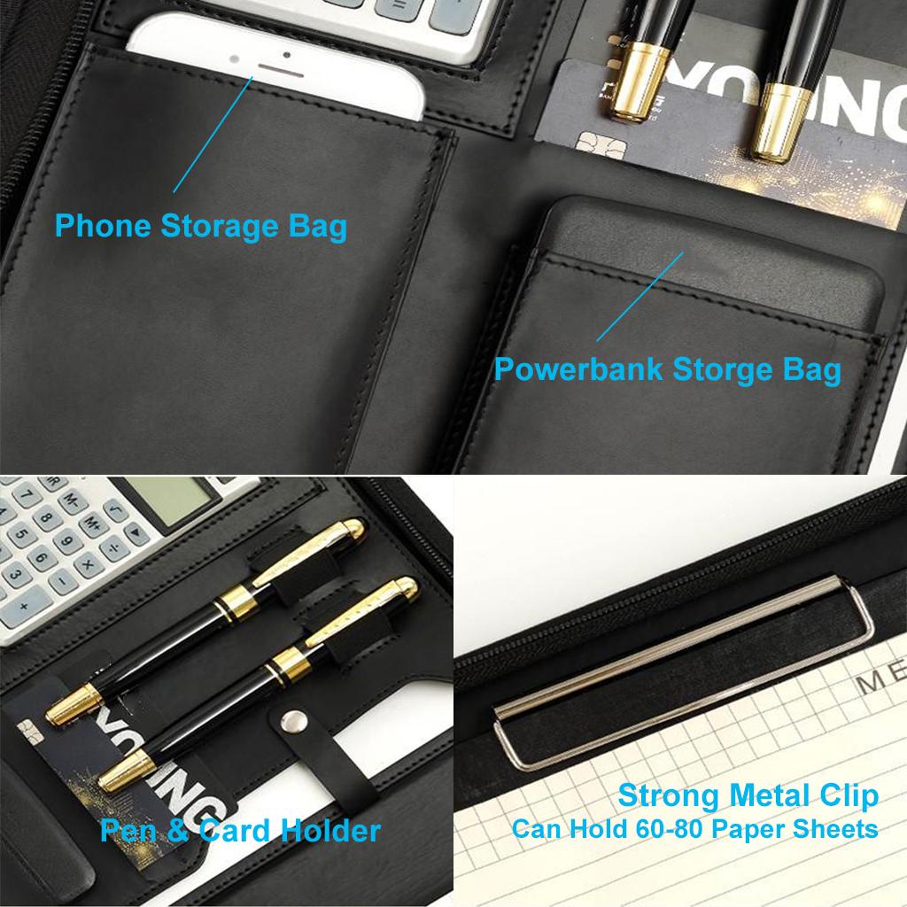 Zippered PU Leather Portfolio Organizer Business Document Folder Bag Black B